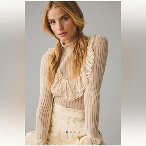 Anthropologie Cream Ribbed Sweater with Lace Detail